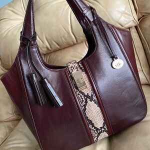 Brahmin Small Carla Satchel/Shoulder Bag Espresso Layton Leather Python Tassel